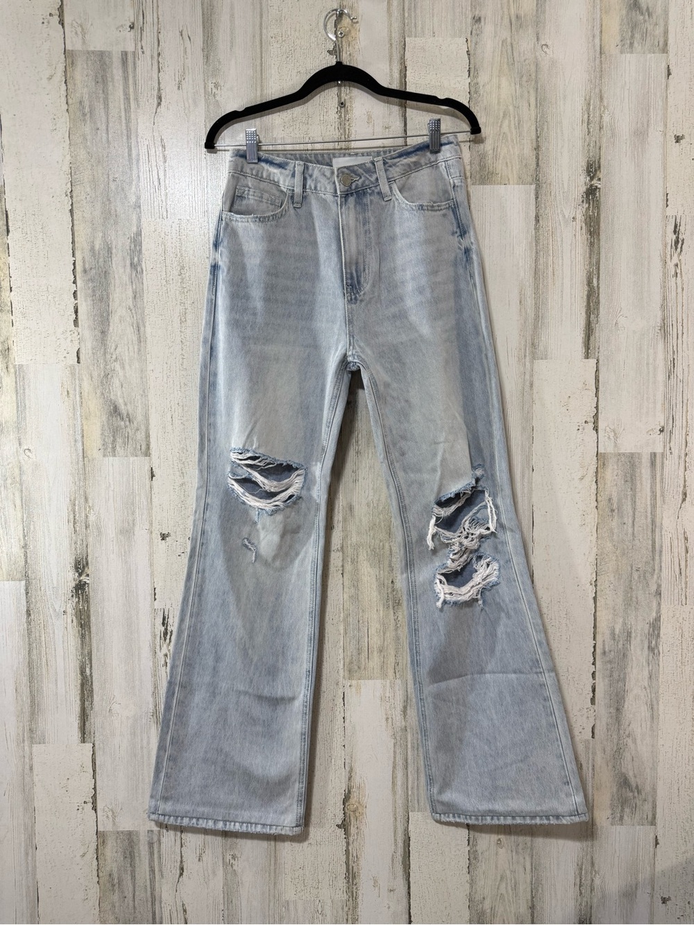 Women's Light Blue Distressed Wide-Leg Jeans